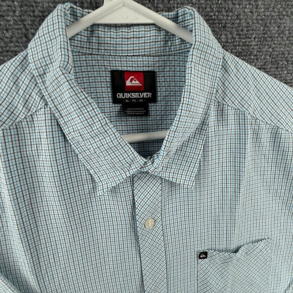 Quiksilver Black Blue XL Short Sleeve Check Rayon Polyester Streetwear Shirt Men - Picture 7 of 11